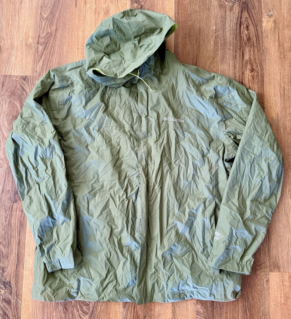 Columbia Soft Shell Full Zip Hooded Rain Jacket Outdoor Men's XL Green Lined GUC